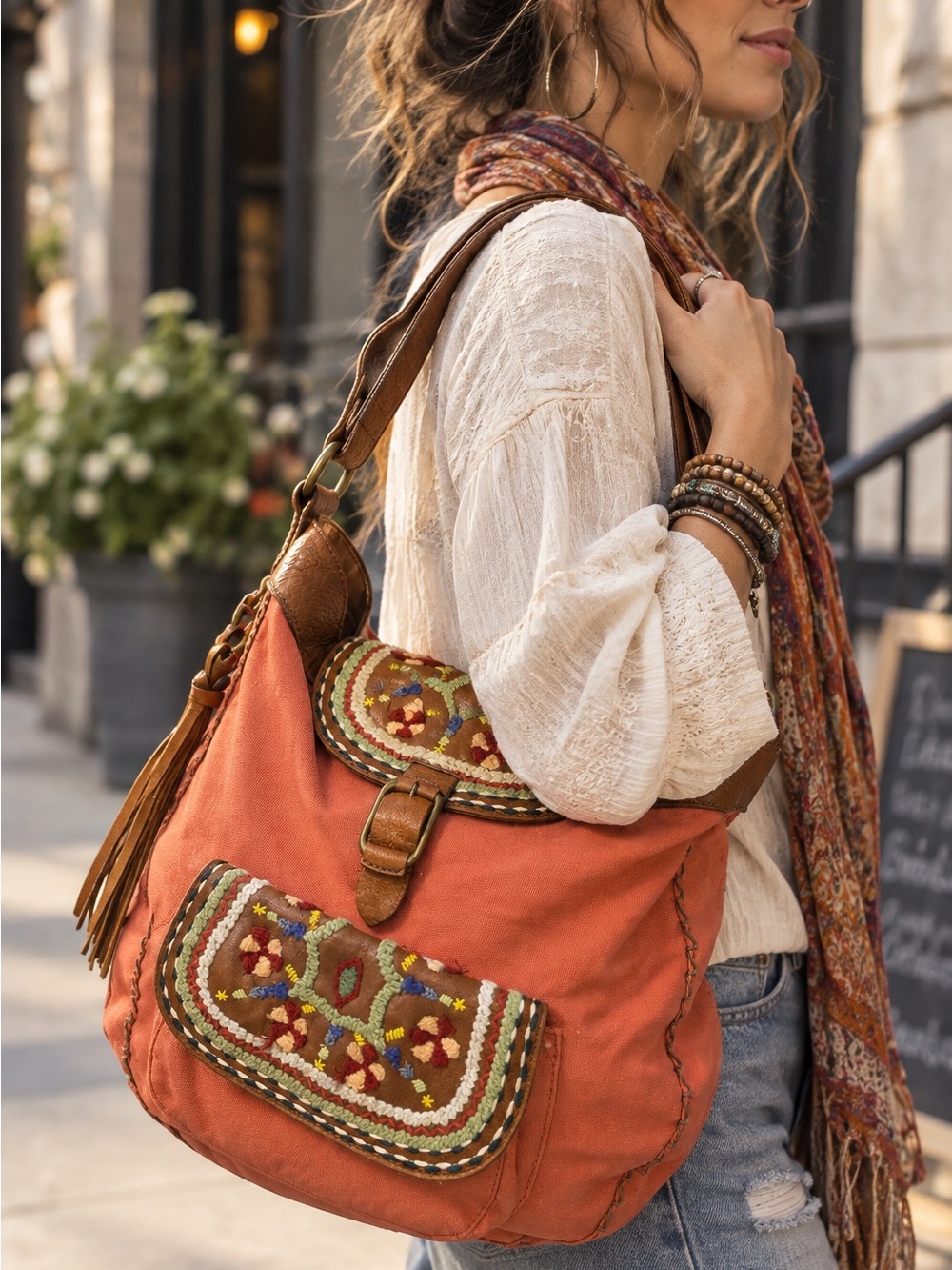 LUCKY BRAND vintage Embroidered hobo bag leather canvas bohemian large